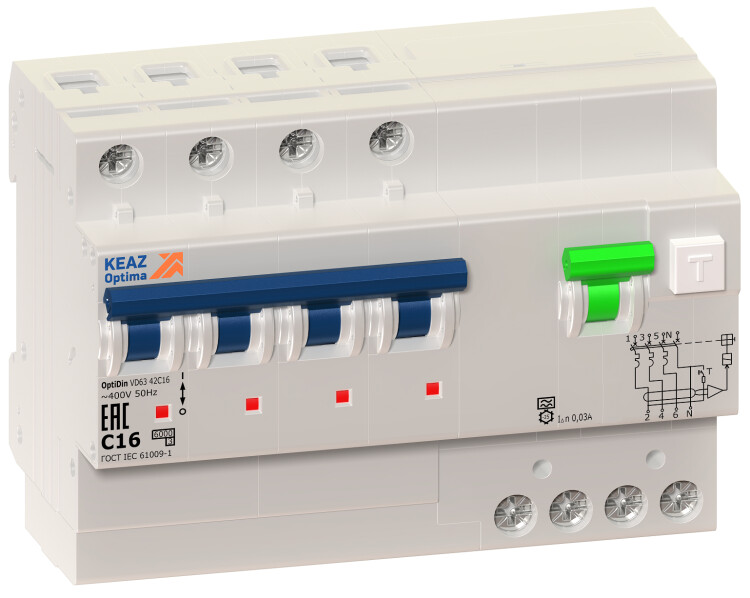 Выключатель автоматический дифференциального тока OptiDin VD63-42C25-A-УХЛ4 4п 25А C 30мА тип A | 103478 | КЭАЗ