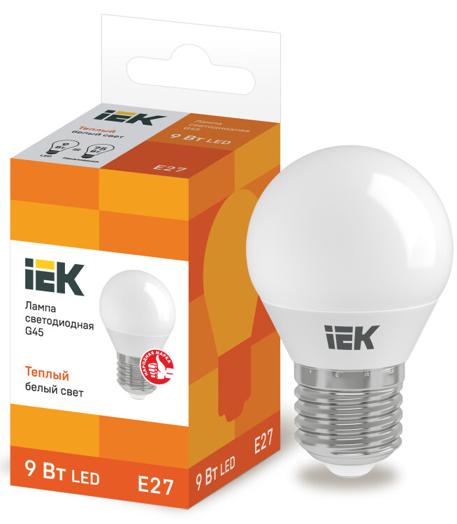Лампа светодиодная LED 9Вт 230В 3000К E27 шар | LLE-G45-9-230-30-E27 | IEK