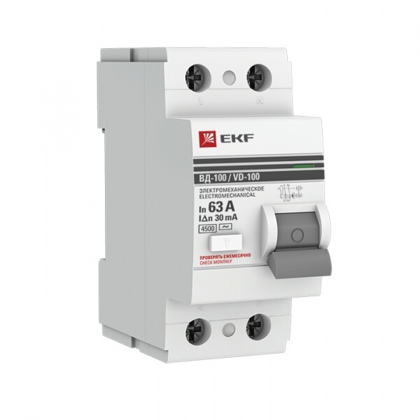 Выключатель дифференциальный (УЗО) ВД-100 2п 63А 30мА тип AC PROxima | elcb-2-63-30-em-pro | EKF