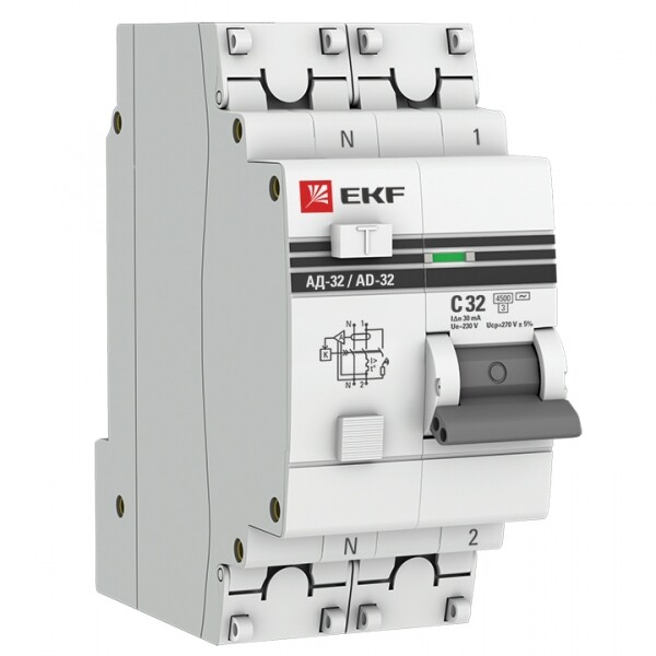 Выключатель автоматический дифференциального тока АД-32 1п+N 32А C 30мА тип AC PROxima (электронный) | DA32-32-30-pro | EKF