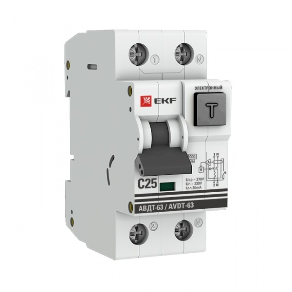 Выключатель автоматический дифференциального тока АВДТ-63 1п+N 25А C 30мА тип A PROxima (электронный) | DA63-25-30e | EKF
