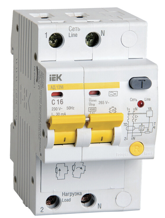 Выключатель автоматический дифференциального тока АД12М 2п 16А C 30мА тип A (3 мод) | MAD12-2-016-C-030 | IEK
