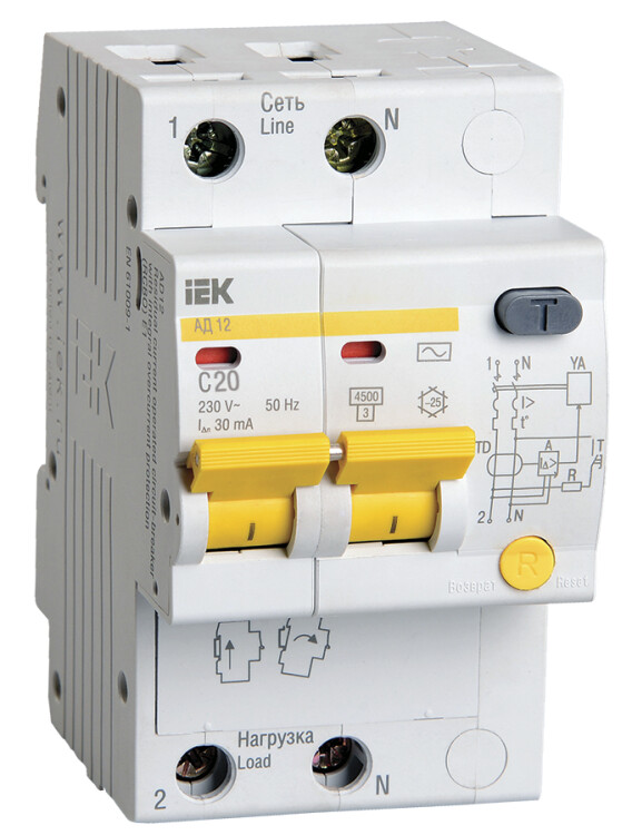 Выключатель автоматический дифференциального тока АД12 2п 20А C 30мА тип AC (3 мод) | MAD10-2-020-C-030 | IEK