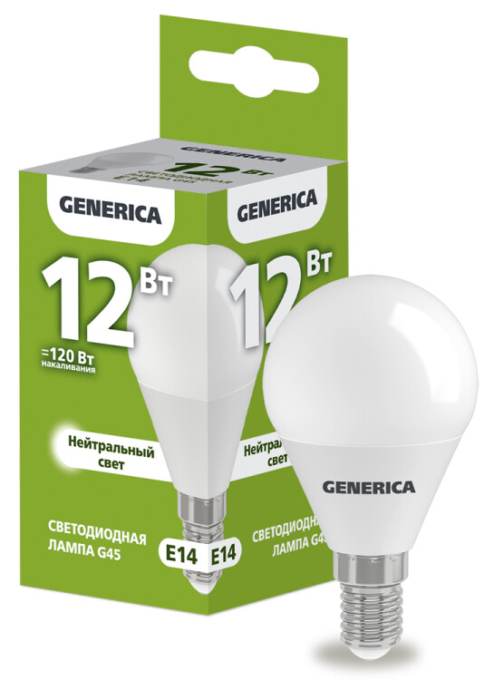 Лампа светодиодная G45 шар 12Вт 230В 4000К E14 GENERICA | LL-G45-12-230-40-E14-G | IEK