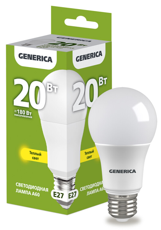 Лампа светодиодная A60 груша 20Вт 230В 3000К E27 | LL-A60-20-230-30-E27-G | GENERICA