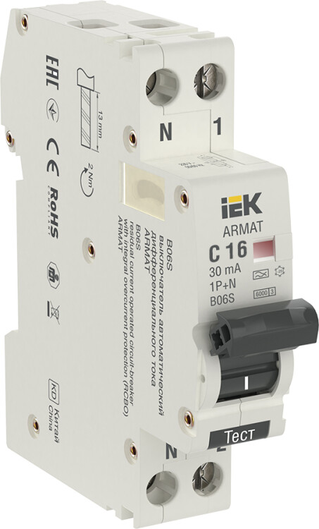 Выключатель автоматический дифференциального тока АВДТ B06S 1P+NP C16 30мА тип A (18мм) ARMAT IEK | AR-B06S-1N-C16A030 | IEK