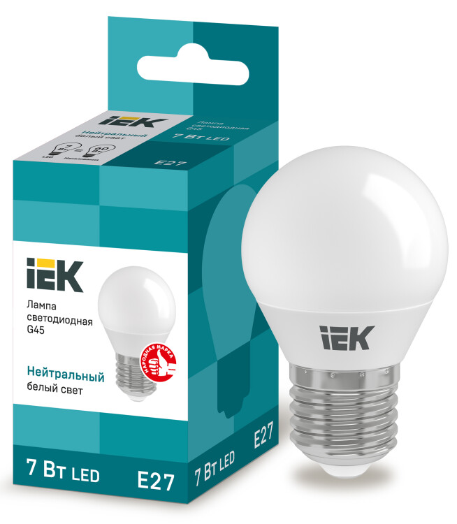 Лампа светодиодная LED 7Вт Е27 220В 4000К G45 шар | LLE-G45-7-230-40-E27 | IEK