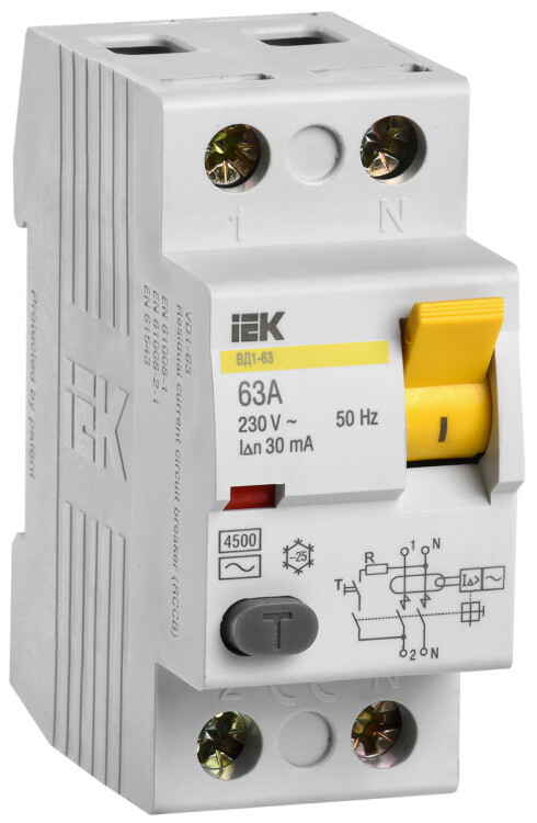 Выключатель дифференциальный (УЗО) ВД1-63 2п 63А 30мА тип AC | MDV10-2-063-030 | IEK
