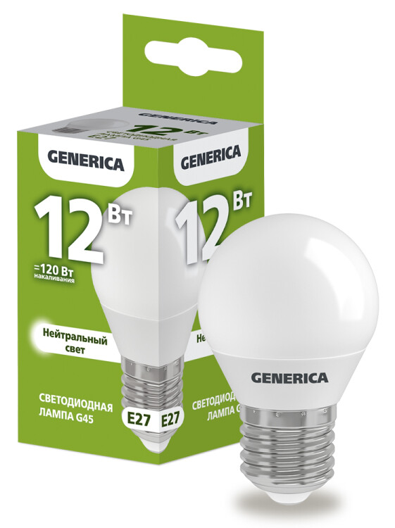 Лампа светодиодная G45 шар 12Вт 230В 4000К E27 GENERICA | LL-G45-12-230-40-E27-G | IEK