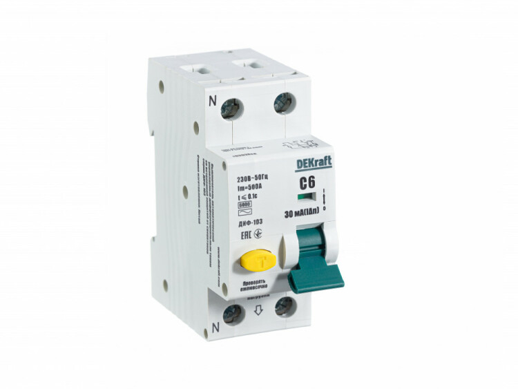 Автоматический выключатель дифференциального тока АВДТ 1Р+N 6А 30мА тип AC х-ка С ДИФ-103 6кА | 16202DEK | DEKraft