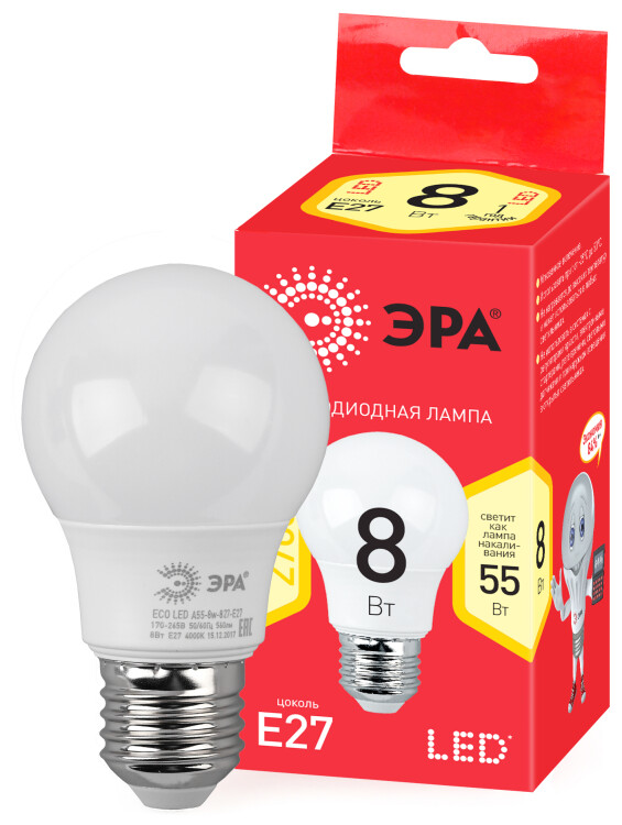 Лампа светодиодная ECO LED A55-8W-827-E27 Лампы СВЕТОДИОДНЫЕ ЭКО ЭРА (диод, груша, 8Вт, тепл, E27) | Б0032095 | ЭРА