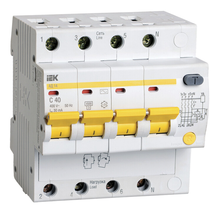 Выключатель автоматический дифференциального тока АД14 4п 40А C 30мА тип AC (5 мод) | MAD10-4-040-C-030 | IEK
