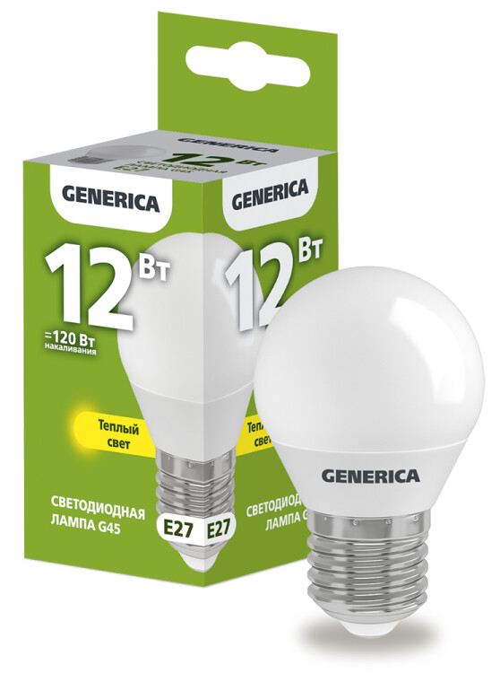 Лампа светодиодная G45 шар 12Вт 230В 3000К E27 GENERICA | LL-G45-12-230-30-E27-G | IEK