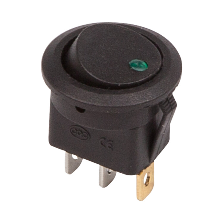 Выключатель клавишный круглый 12V 16А (3с) ON-OFF черный с зеленой подсветкой | 36-2583 | REXANT