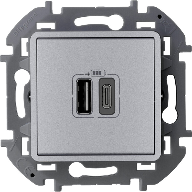 Inspiria алюминий зарядное устройство 2 местное с USB-разьемами A-C 240В/5В 3000мА С/У без рамки | 673762 | Legrand