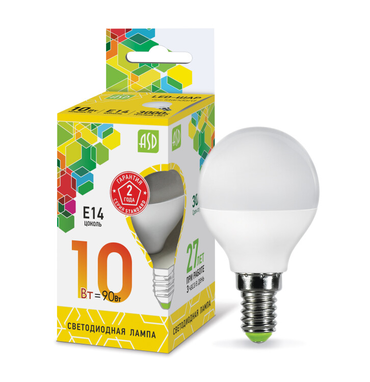 Лампа светодиодная LED-ШАР-standard 10Вт 230В Е14 3000К 900Лм | 4690612015446 | ASD