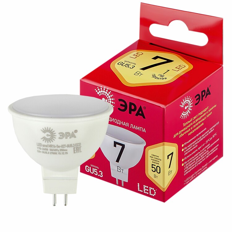 Лампа светодиодная LED MR16-7W-827-GU5.3 R (диод, софит, 9Вт, нейтр, GU5.3) | Б0050231 | ЭРА