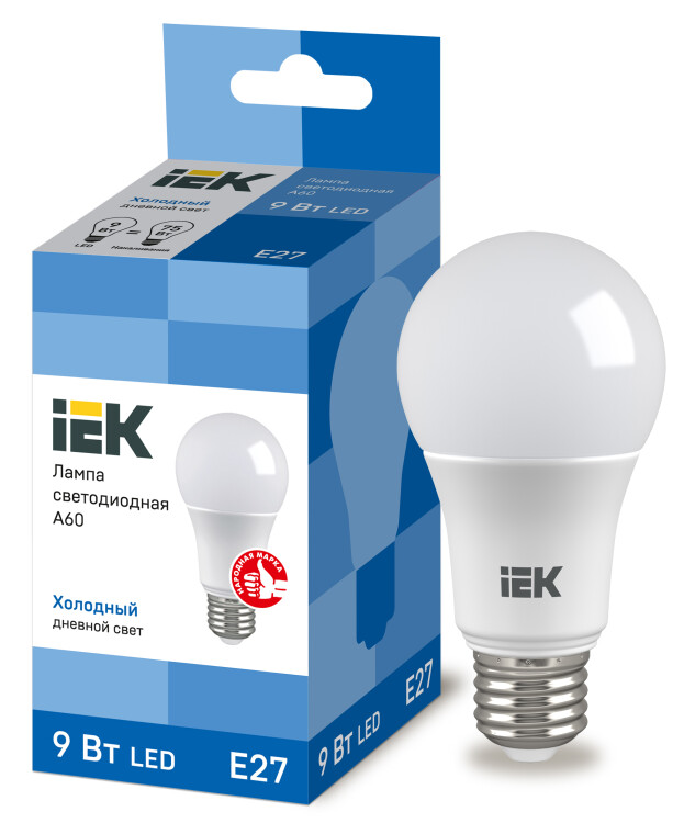 Лампа светодиодная LED 9Вт Е27 230В 6500К ECO А60 шар | LLE-A60-9-230-65-E27 | IEK