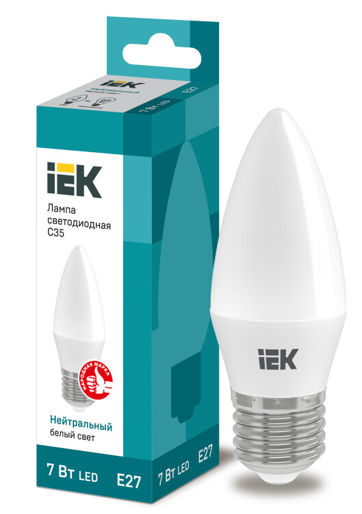 Лампа светодиодная LED 7Вт Е27 220В 4000К C35 свеча | LLE-C35-7-230-40-E27 | IEK