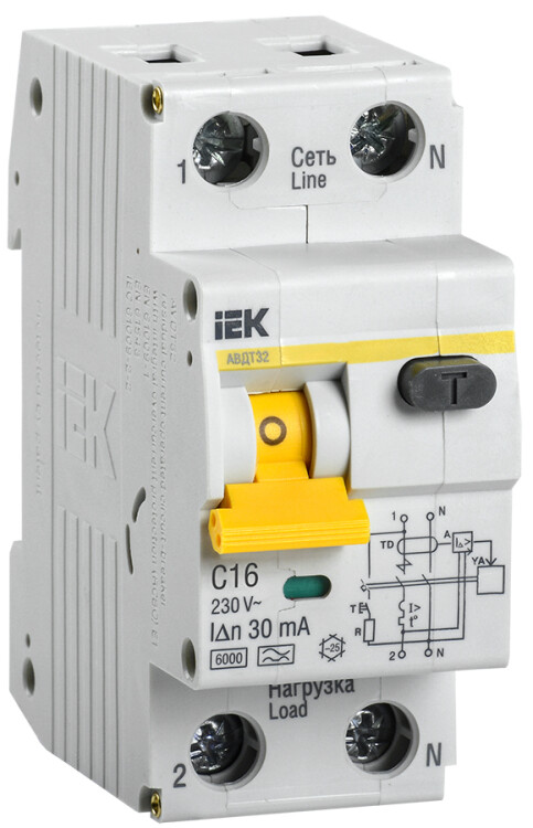 Выключатель автоматический дифференциального тока АВДТ 32 1п+N 16А C 30мА тип A | MAD22-5-016-C-30 | IEK