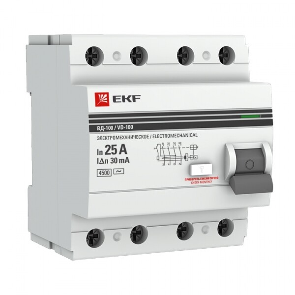 Выключатель дифференциальный (УЗО) ВД-100 4п 25А 30мА тип AC PROxima | elcb-4-25-30-em-pro | EKF