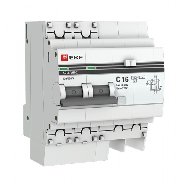 Выключатель автоматический дифференциального тока АД-2 2п 16А C 30мА тип AC (4 мод.) PROxima (электронный) | DA2-16-30-pro | EKF