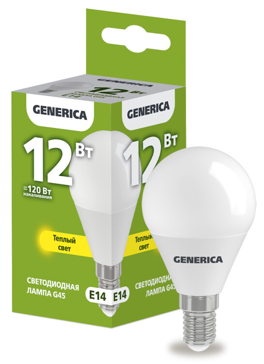 Лампа светодиодная G45 шар 12Вт 230В 3000К E14 | LL-G45-12-230-30-E14-G | GENERICA