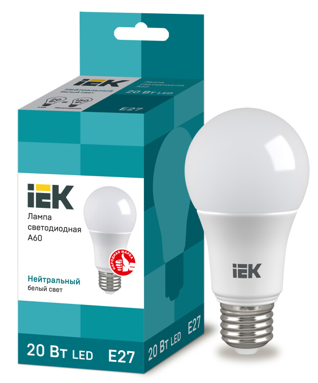 Лампа светодиодная LED 20Вт Е27 220В 4000К A60 шар | LLE-A60-20-230-40-E27 | IEK