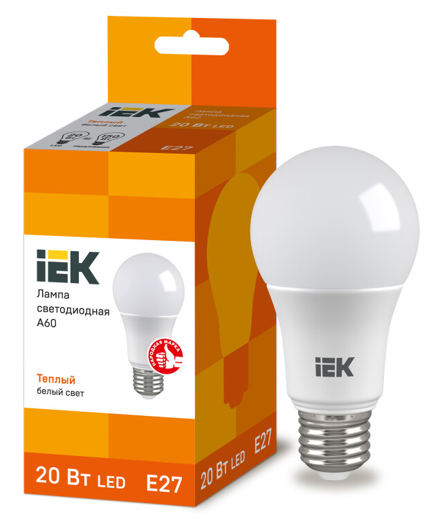 Лампа светодиодная LED 20Вт Е27 220В 3000К A60 шар | LLE-A60-20-230-30-E27 | IEK