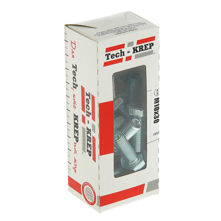 Болт DIN933 8.8 с шестигранной головкой оцинк. М10х30 (20 шт) - коробка с ок. Tech-K ( 0,53 кг) | 105215 | Tech-KREP