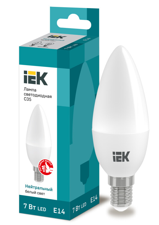 Лампа светодиодная LED 7Вт Е14 220В 4000К C35 свеча | LLE-C35-7-230-40-E14 | IEK
