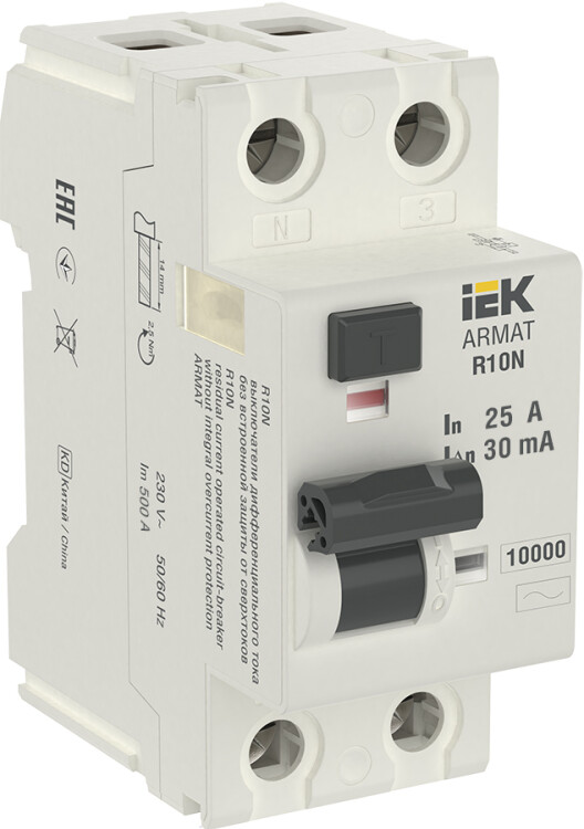 Выключатель дифференциальный (УЗО) R10N 2P 25А 30мА тип AC ARMAT | AR-R10N-2-025C030 | IEK