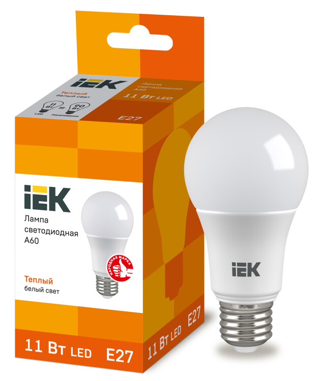 Лампа светодиодная LED 11Вт Е27 220В 3000К A60 шар | LLE-A60-11-230-30-E27 | IEK