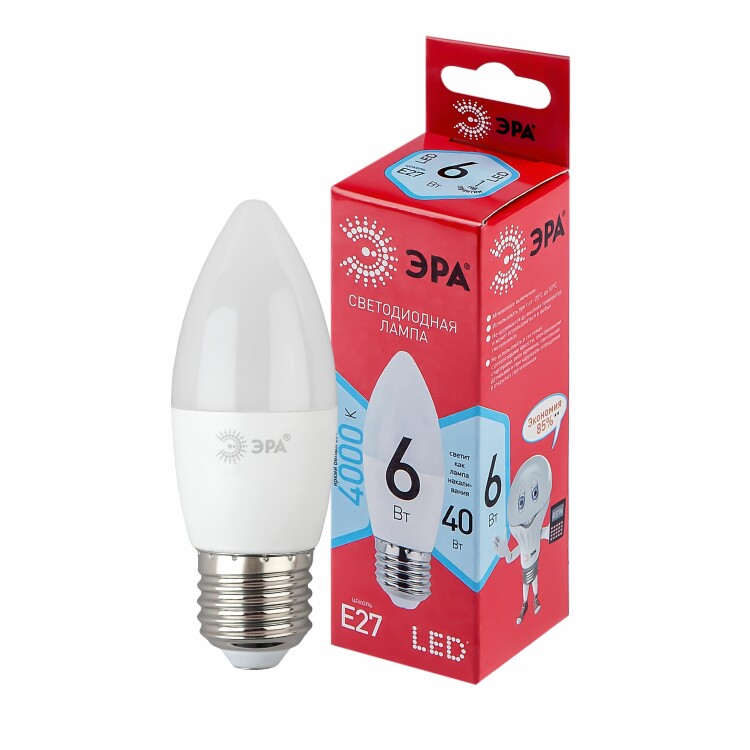 Лампа светодиодная LED B35-6W-840-E27 R (диод, свеча, 8Вт, нейтр, E27) | Б0050232 | ЭРА