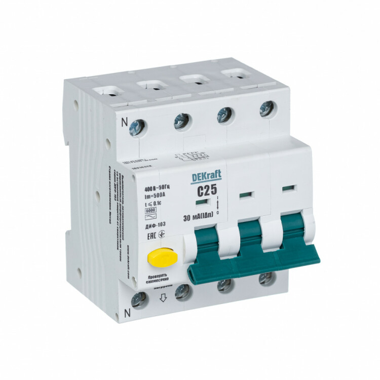 Автоматический выключатель дифференциального тока АВДТ 3Р+N 25А 30мА тип AC х-ка С ДИФ-103 6кА | 16214DEK | DEKraft