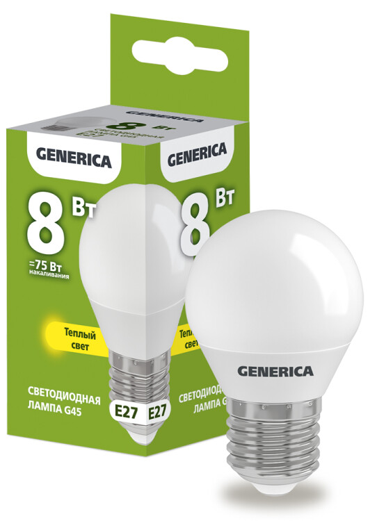 Лампа светодиодная G45 шар 8Вт 230В 3000К E27 | LL-G45-08-230-30-E27-G | GENERICA