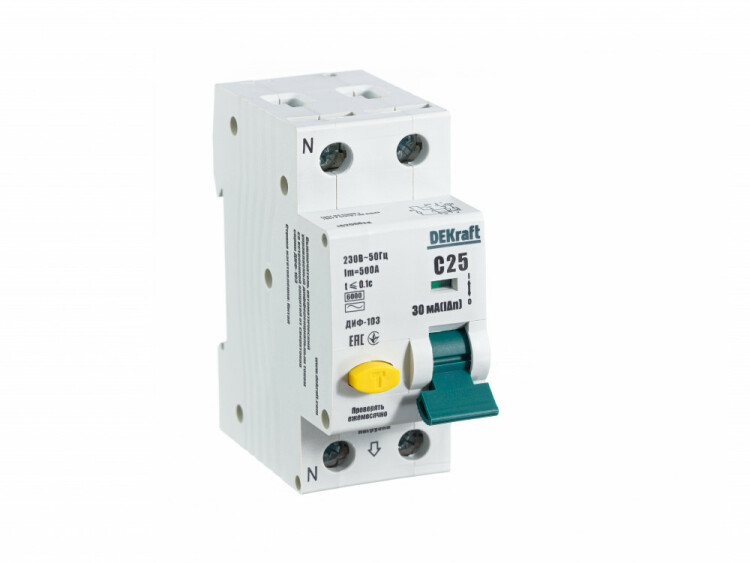 Автоматический выключатель дифференциального тока АВДТ 1Р+N 25А 30мА тип AC х-ка С ДИФ-103 6кА | 16206DEK | DEKraft