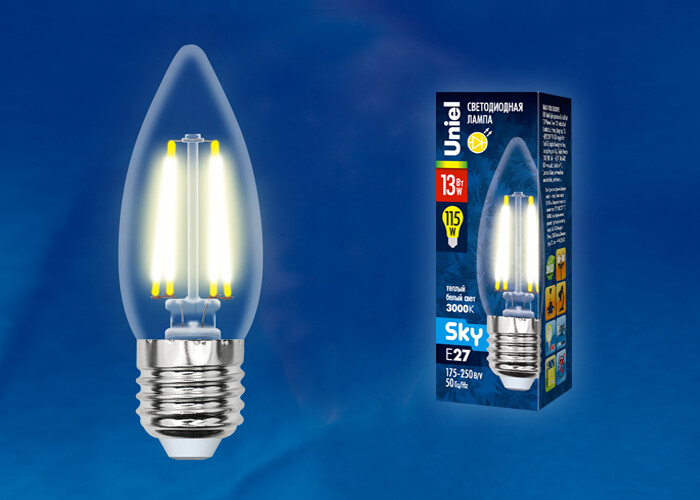 Лампа светодиодная LED-C35-13W/3000K/E27/CL PLS02WH LED. "свеча", прозр. Серия Sky. 3000К . | UL-00005901 | Uniel
