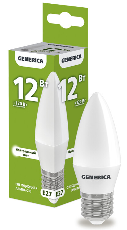 Лампа светодиодная C35 свеча 12Вт 230В 4000К E27 | LL-C35-12-230-40-E27-G | GENERICA
