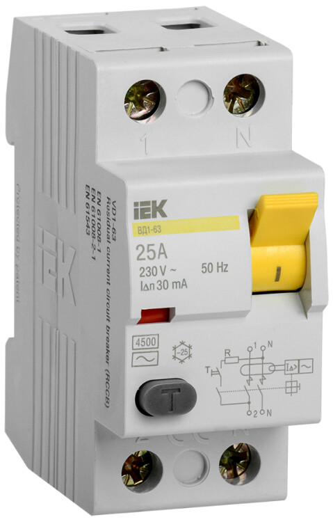 Выключатель дифференциальный (УЗО) ВД1-63 2п 25А 30мА тип AC | MDV10-2-025-030 | IEK