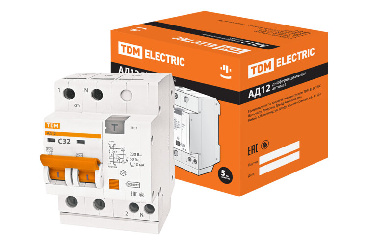 Выключатель автоматический дифференциального тока АД12 2п 32А C 10мА тип AC (4 мод) | SQ0204-0013 | TDM