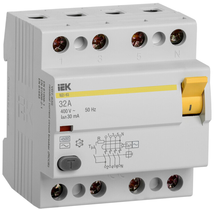 Выключатель дифференциальный (УЗО) ВД1-63 4п 32А 30мА тип AC | MDV10-4-032-030 | IEK