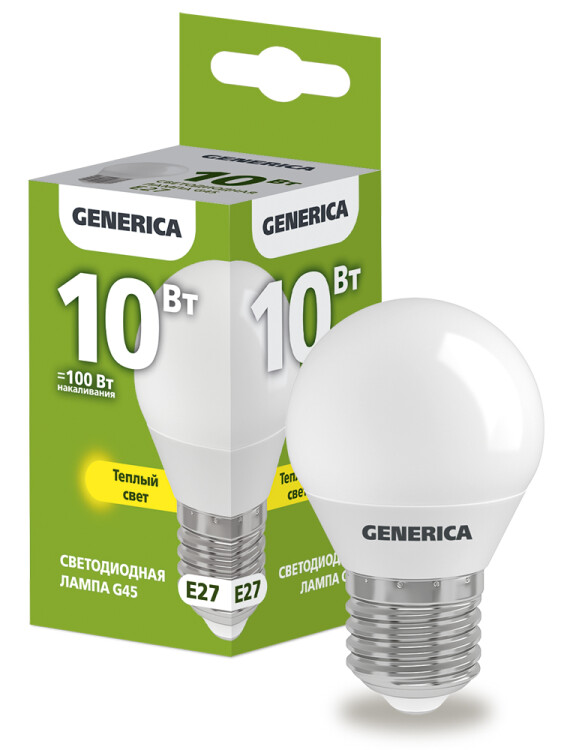 Лампа светодиодная G45 шар 10Вт 230В 3000К E27 | LL-G45-10-230-30-E27-G | GENERICA
