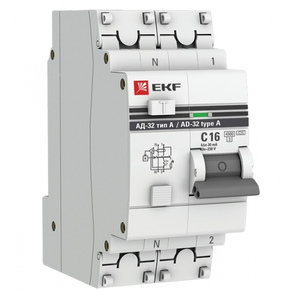 Выключатель автоматический дифференциального тока АД-32 1п+N 16А C 30мА тип A PROxima | DA32-16-30-a-pro | EKF