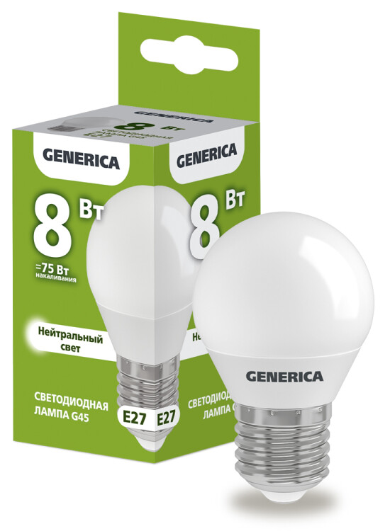 Лампа светодиодная G45 шар 8Вт 230В 4000К E27 | LL-G45-08-230-40-E27-G | GENERICA