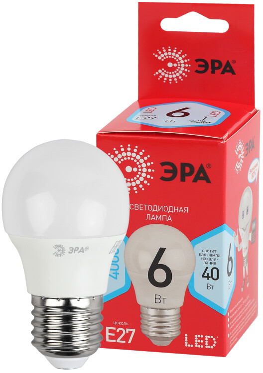 Лампа cветодиодная ECO LED P45-6W-840-E27 (диод, шар, 6Вт, нейтр, E27) (10/100/4000) | Б0020630 | ЭРА