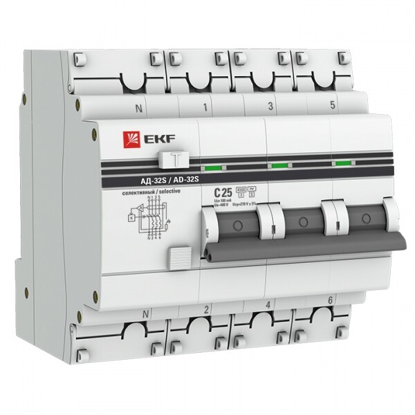 Выключатель автоматический дифференциального тока АД-32 (селективный) 3п+N 25A C 100мА тип AC PROxima | DA32-25-100S-4P-pro | EKF
