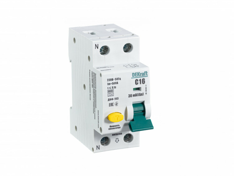 Автоматический выключатель дифференциального тока АВДТ 1Р+N 16А 30мА тип A х-ка С ДИФ-103 6кА | 16229DEK | DEKraft