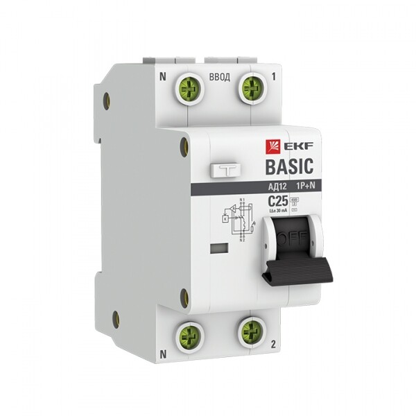 Выключатель автоматический дифференциального тока АД-12 1п+N 25А C 30мА тип АС Basic (электронный,) | DA12-25-30-bas | EKF