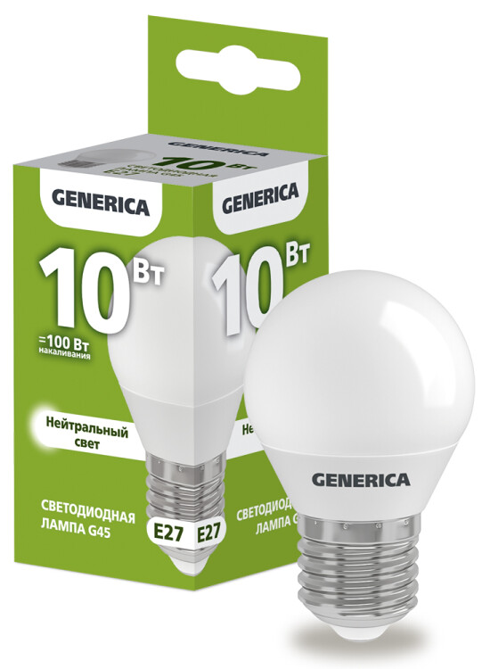 Лампа светодиодная G45 шар 10Вт 230В 4000К E27 GENERICA | LL-G45-10-230-40-E27-G | IEK